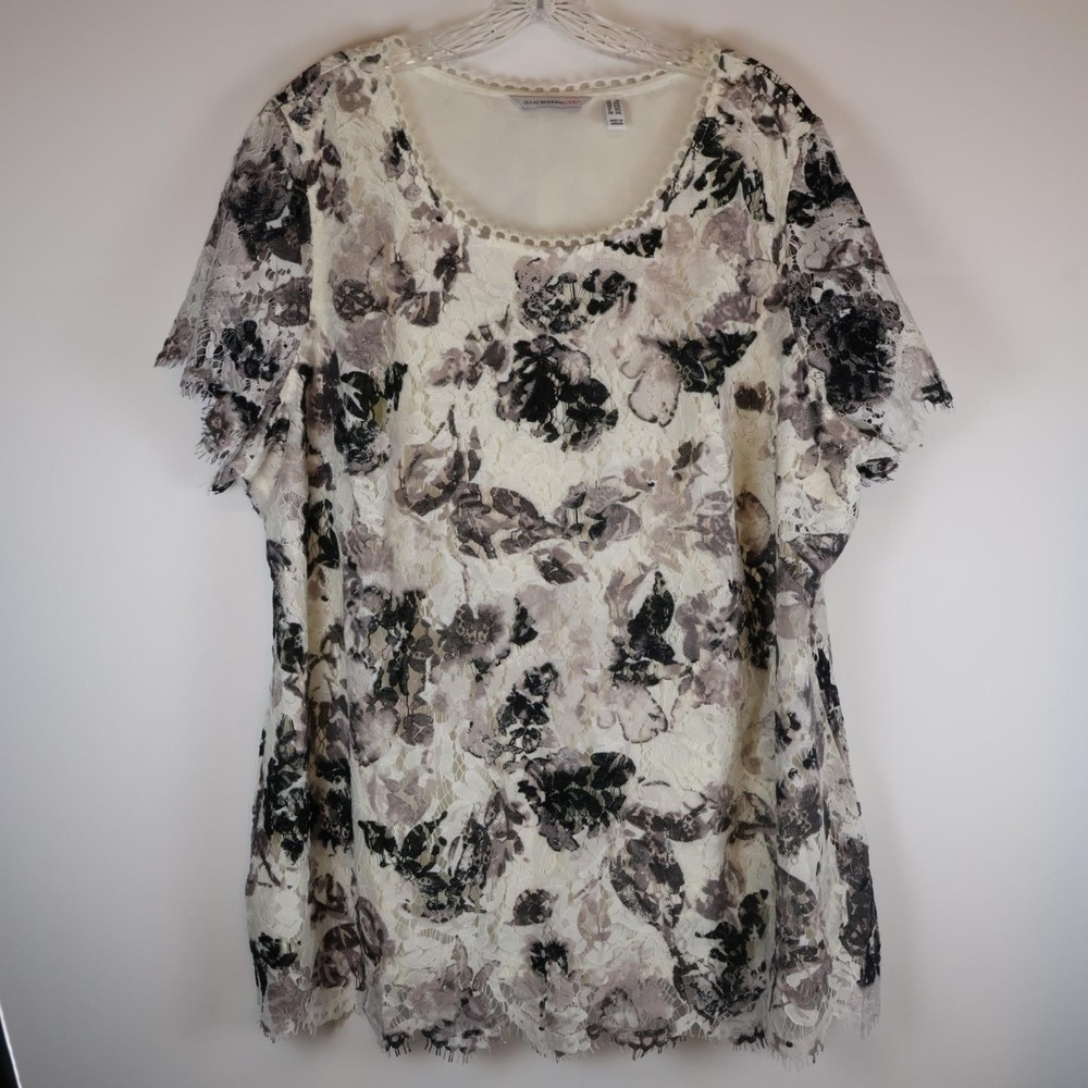 Isaac Mizrahi Live! Plus Women's Floral Lace Lined Short Sleeve Shirt Blouse 2X